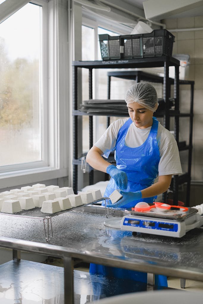 A factory worker in protective clothing packages sugar cubes inside an industrial setting.