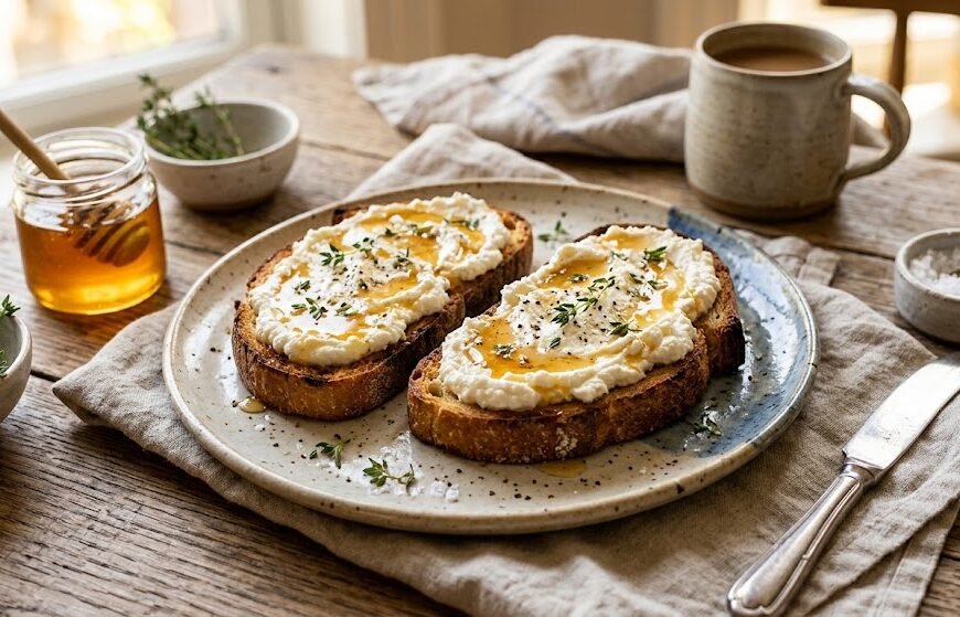 Tostada de Ricotta y Miel con Sal de Escamas y Tomillo