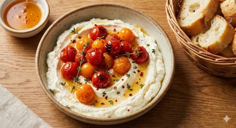 Whipped Feta con Tomates Cherry Confitados y Miel Picante