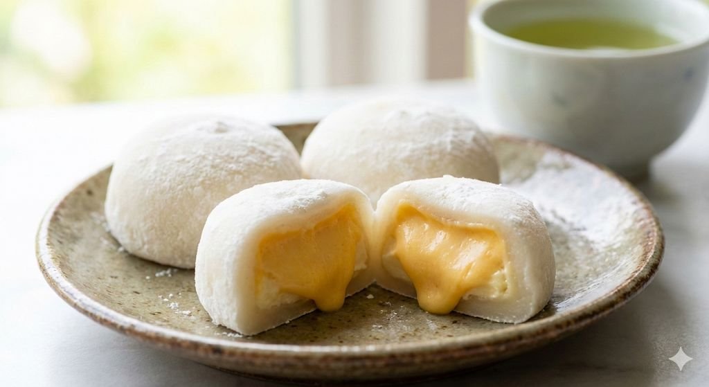 Mochi de Queso Salado: Masa de arroz elástica rellena de una mezcla de queso crema y cheddar.