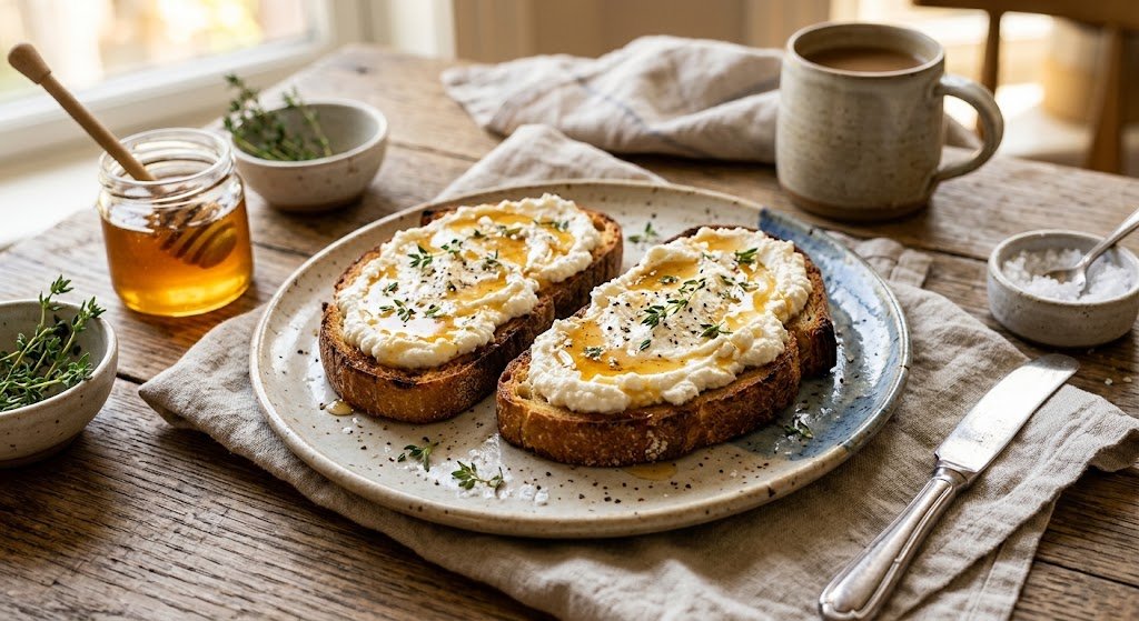 Tostada de Ricotta y Miel con Sal de Escamas y Tomillo